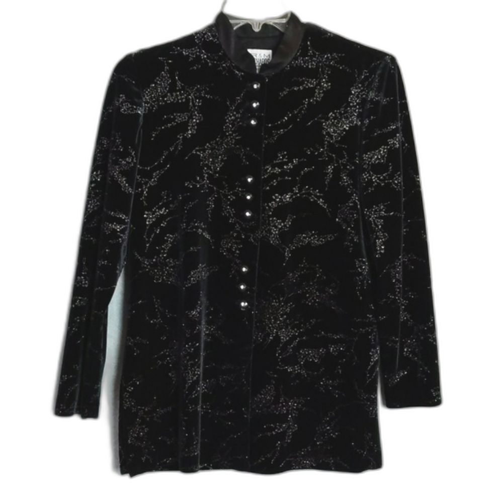 R&M Richards Karen Kwong Black Velour Silver Glitter Floral Shirt Jacket Size 10
